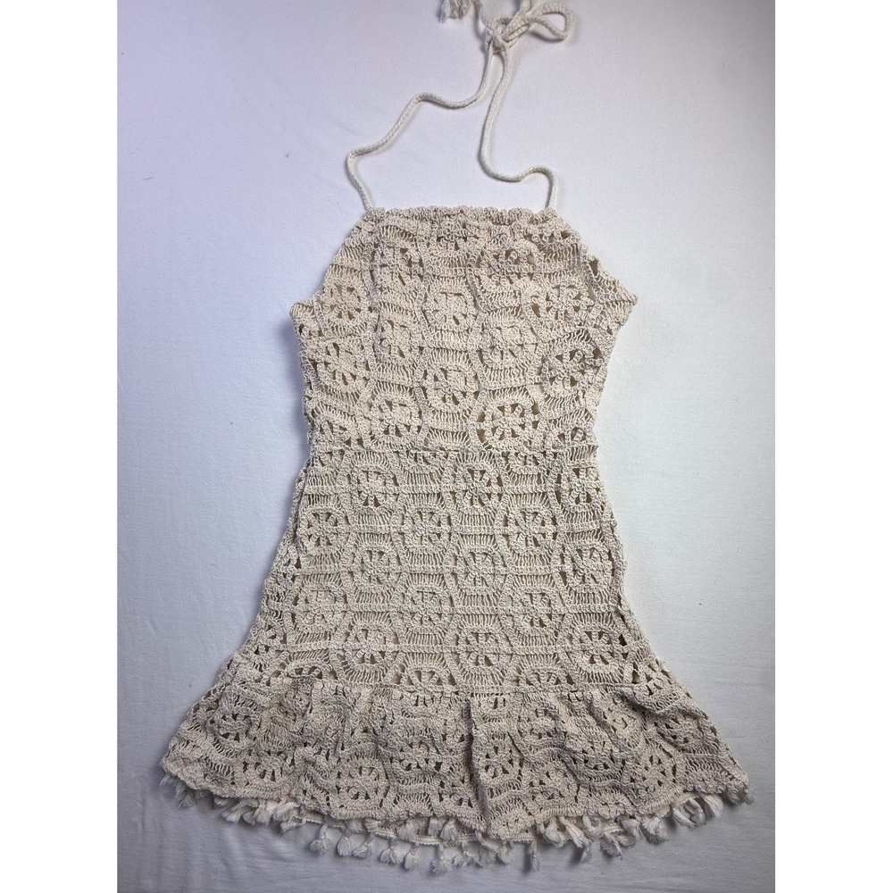 Illa Illa Cream Crochet Halter Mini Dress Tassel Hem Boho M7470 Small-2659